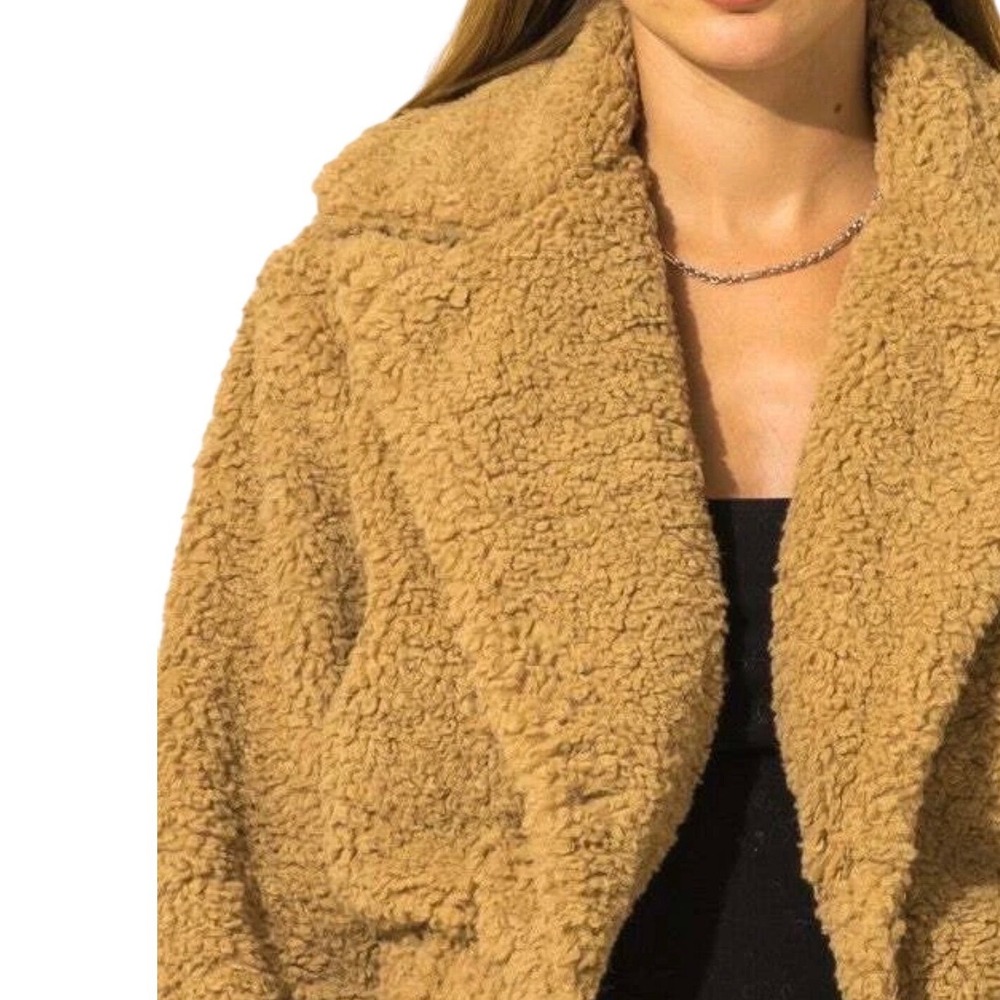 HYFVE Teddy Bear‎ Sherpa Faux Fur Cropped Jacket Coat Women's Large Mustard Boho - Picture 3 of 15